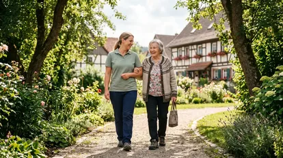 Betreuerin und Seniorin bei einem gemeinsamen Spaziergang